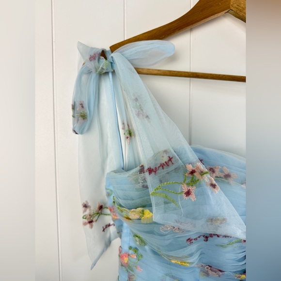 Elegant Cottagecore Tulle Embroidered Whimsy Floral Prom Dress in Light Blue 2 - Picture 3 of 15
